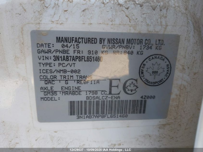 2015 Nissan Sentra S/Sv/Sr/Sl VIN: 3N1AB7AP8FL651460 Lot: 12429537