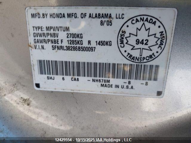 2006 Honda Odyssey Lx VIN: 5FNRL38286B500097 Lot: 12429554