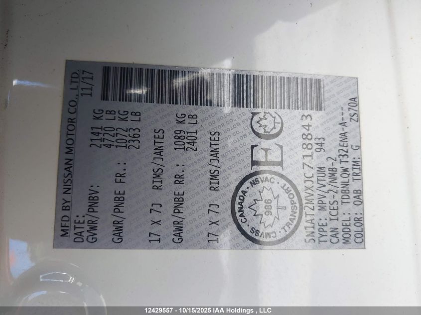 2018 Nissan Rogue Sv/Sl VIN: 5N1AT2MVXJC718843 Lot: 12429557