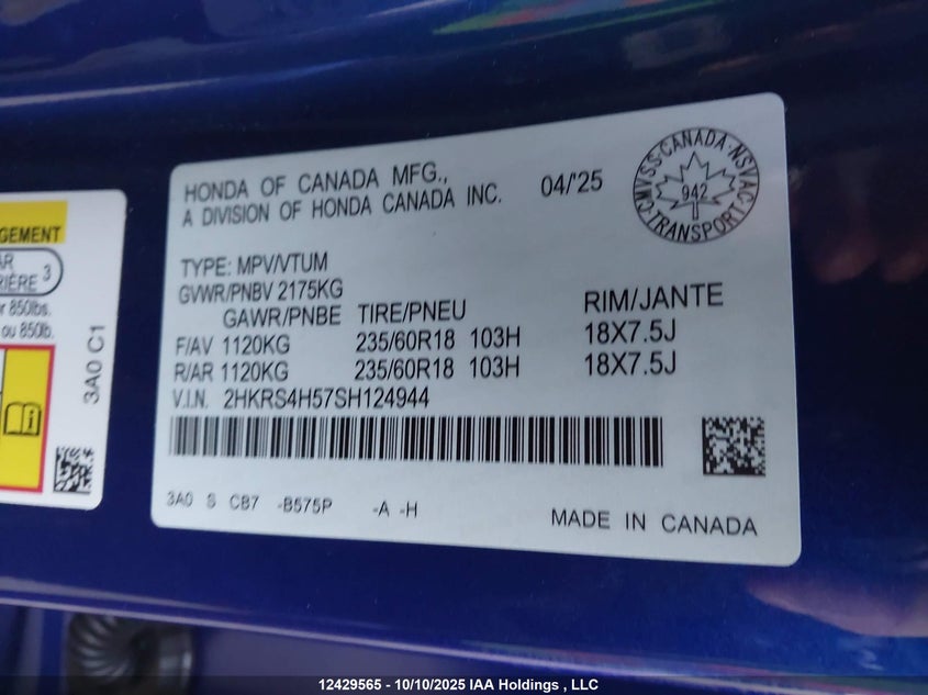 2025 Honda Cr-V Sport VIN: 2HKRS4H57SH124944 Lot: 12429565