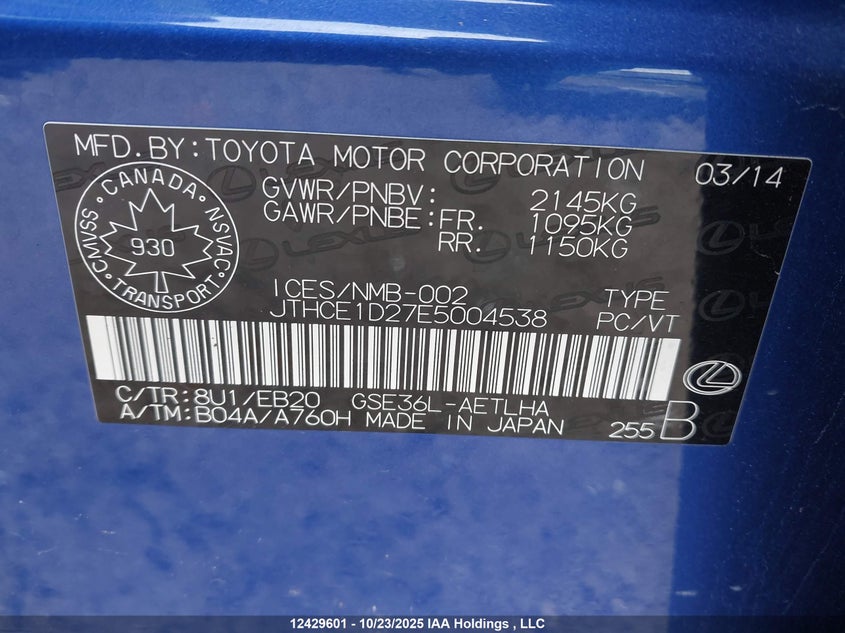 JTHCE1D27E5004538 2014 LEXUS IS photo no. 9