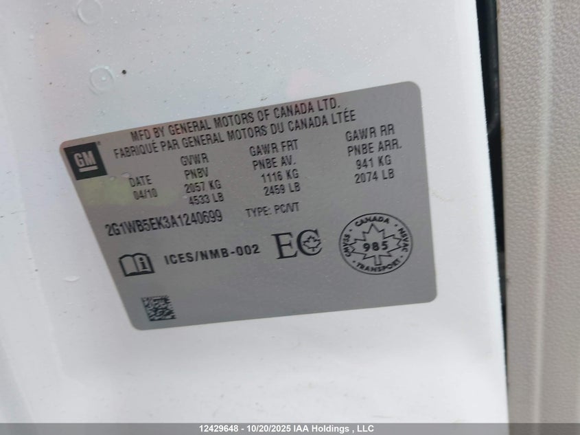 2010 Chevrolet Impala Lt VIN: 2G1WB5EK3A1240699 Lot: 12429648