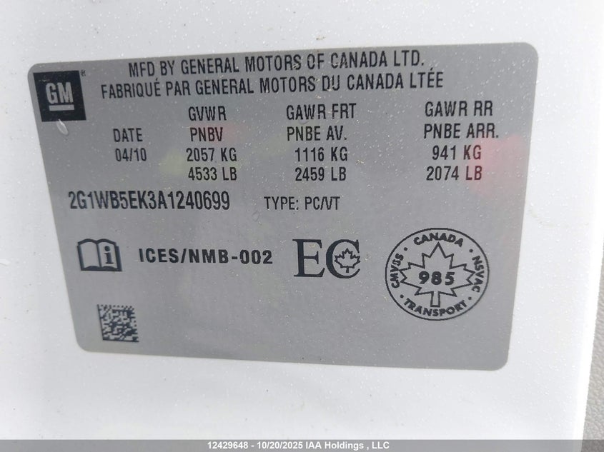 2010 Chevrolet Impala Lt VIN: 2G1WB5EK3A1240699 Lot: 12429648