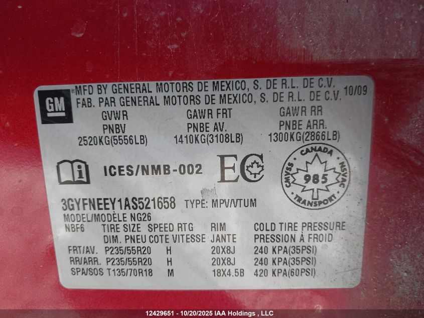 2010 Cadillac Srx Performance Collection VIN: 3GYFNEEY1AS521658 Lot: 12429651