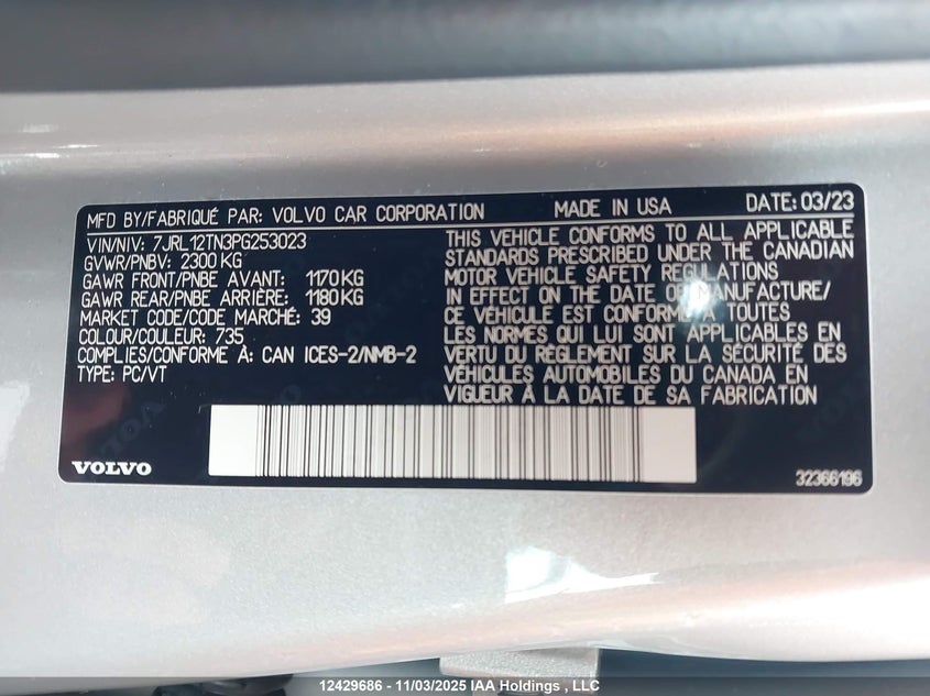 2023 Volvo S60 Plus VIN: 7JRL12TN3PG253023 Lot: 12429686