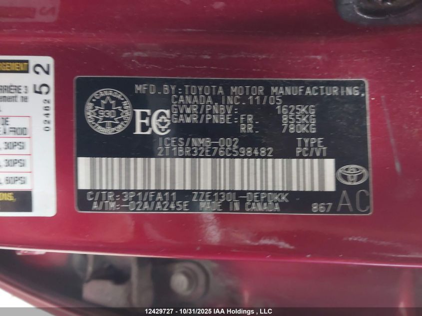2006 Toyota Corolla VIN: 2T1BR32E76C598482 Lot: 12429727