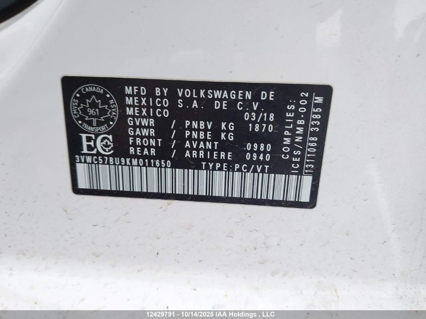 2019 Volkswagen Jetta S/Se/R-Line VIN: 3VWC57BU9KM011650 Lot: 12429791