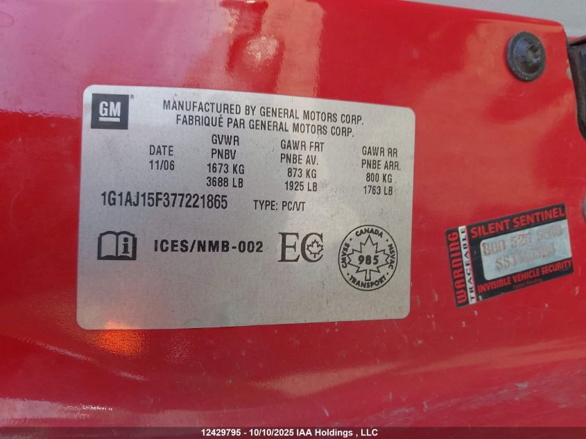 2007 Chevrolet Cobalt Ls VIN: 1G1AJ15F377221865 Lot: 12429795