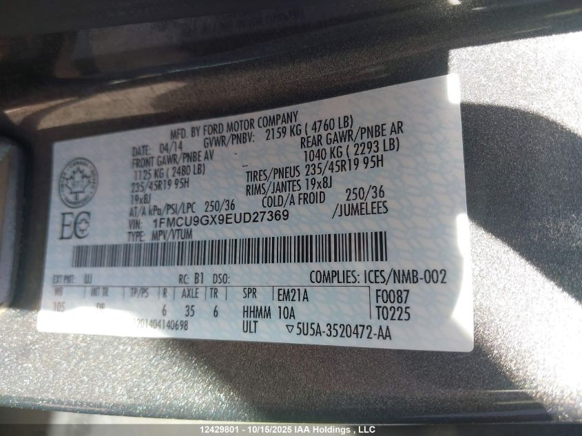 2014 Ford Escape Se VIN: 1FMCU9GX9EUD27369 Lot: 12429801