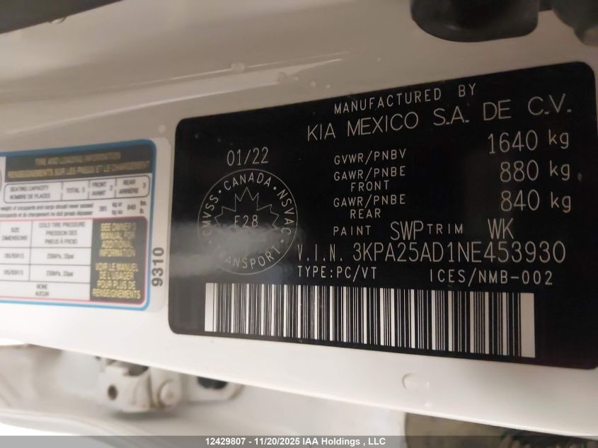 2022 Kia Rio S VIN: 3KPA25AD1NE453930 Lot: 12429807