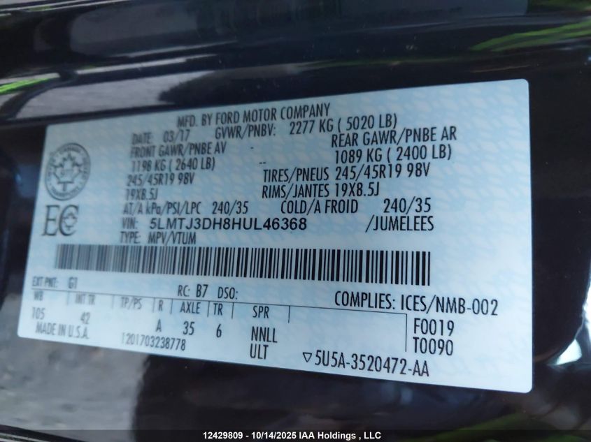 2017 Lincoln Mkc Reserve VIN: 5LMTJ3DH8HUL46368 Lot: 12429809