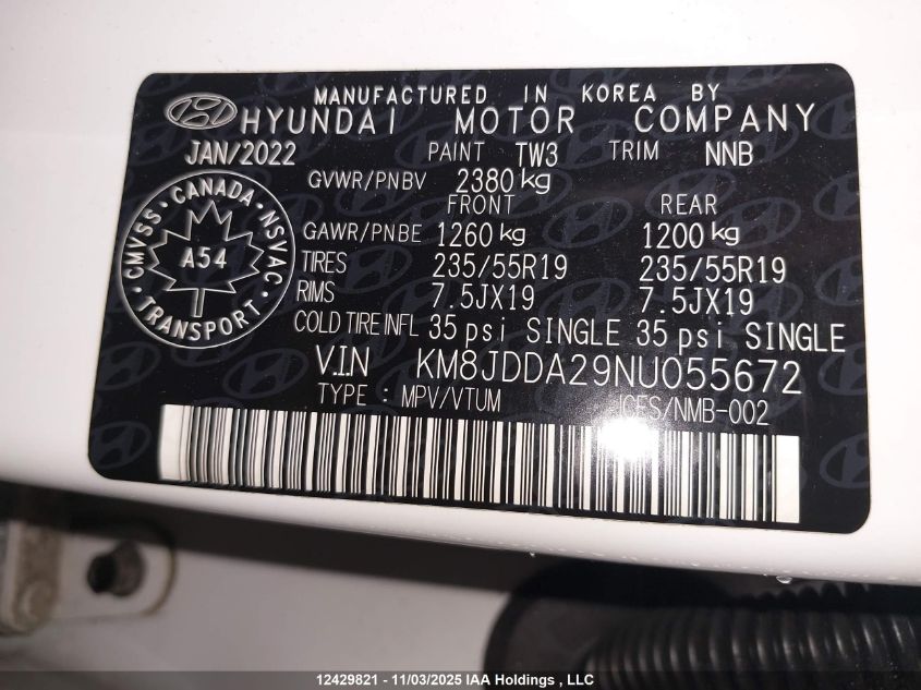 2022 Hyundai Tucson Luxury/Ultimate VIN: KM8JDDA29NU055672 Lot: 12429821