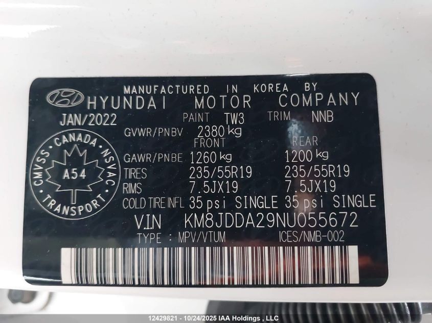 2022 Hyundai Tucson Luxury/Ultimate VIN: KM8JDDA29NU055672 Lot: 12429821