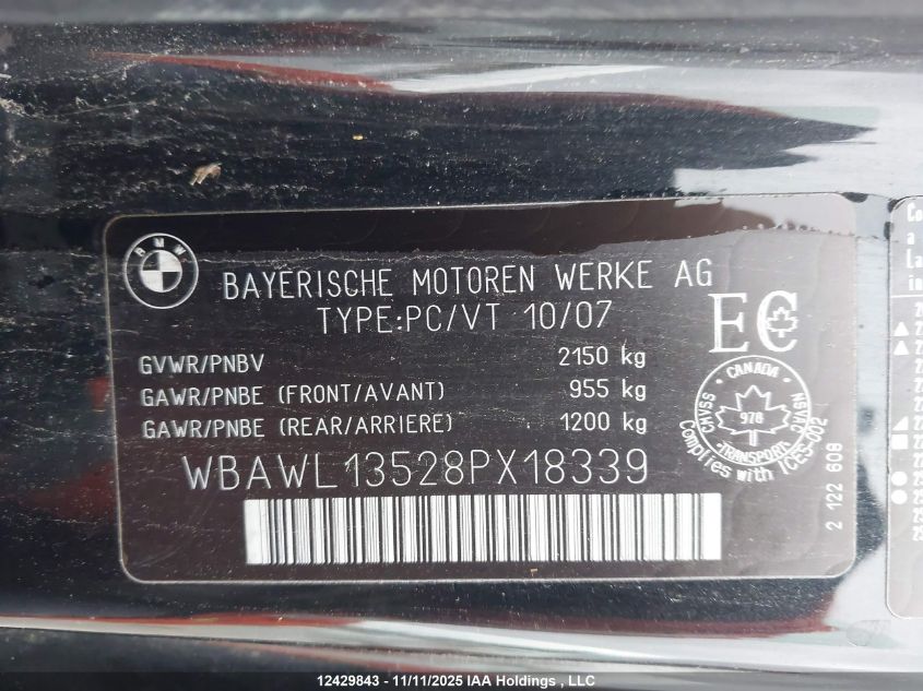 2008 BMW 328I VIN: WBAWL13528PX18339 Lot: 12429843