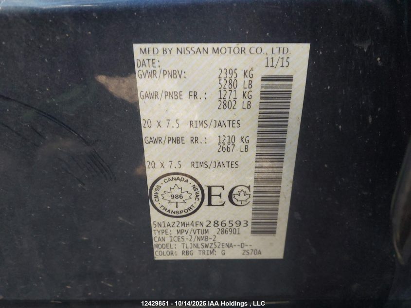 2015 Nissan Murano S/Sl/Sv/Platinum VIN: 5N1AZ2MH4FN286593 Lot: 12429851