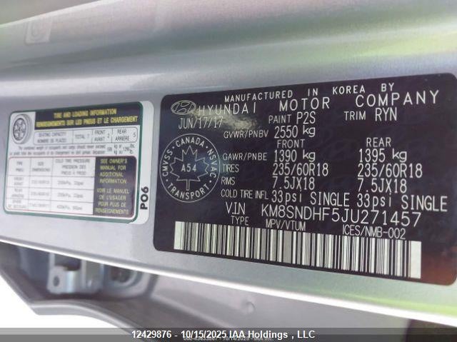 2018 Hyundai Santa Fe Se/Limited VIN: KM8SNDHF5JU271457 Lot: 12429876