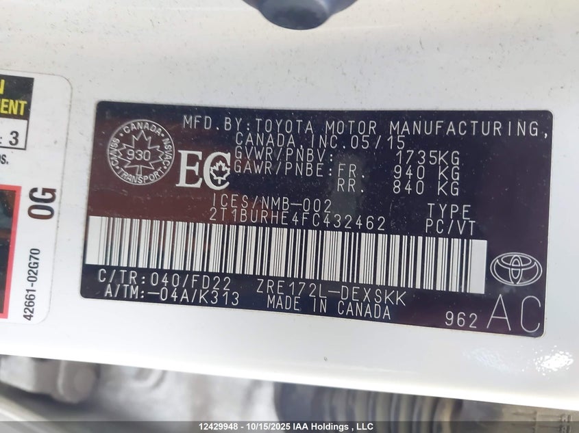2T1BURHE4FC432462 2015 TOYOTA COROLLA photo no. 9