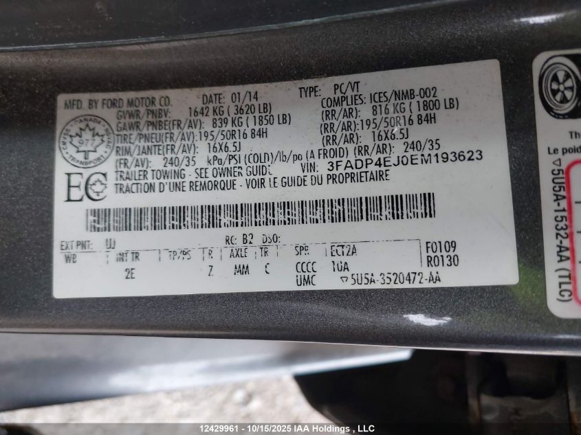 2014 Ford Fiesta Se VIN: 3FADP4EJ0EM193623 Lot: 12429961