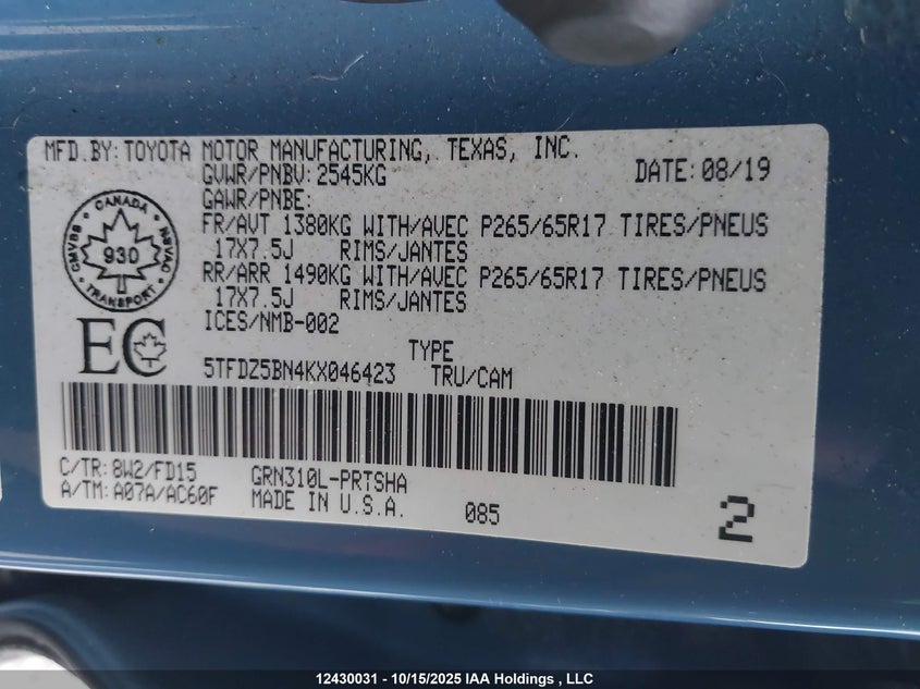 5TFDZ5BN4KX046423 2019 TOYOTA TACOMA photo no. 9