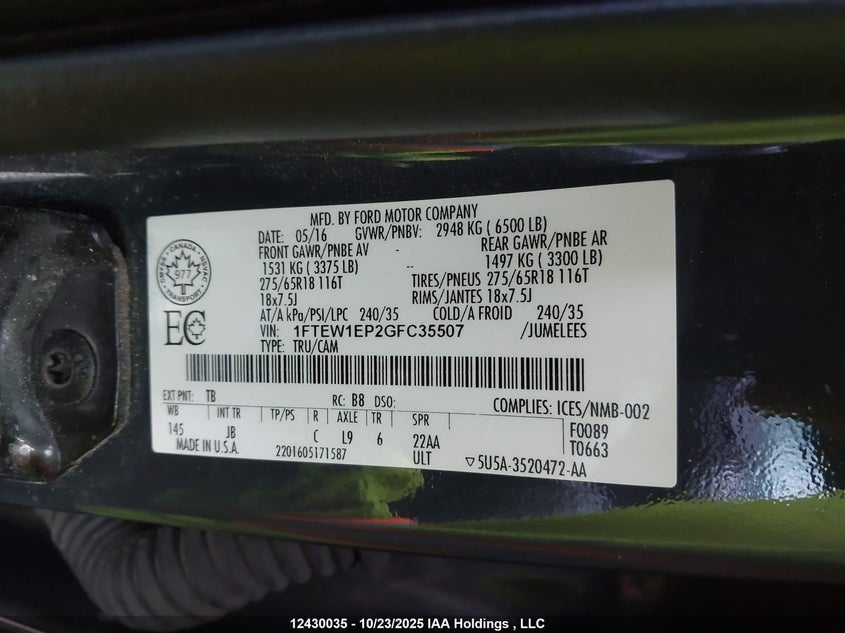 1FTEW1EP2GFC35507 2016 FORD F-150 photo no. 9