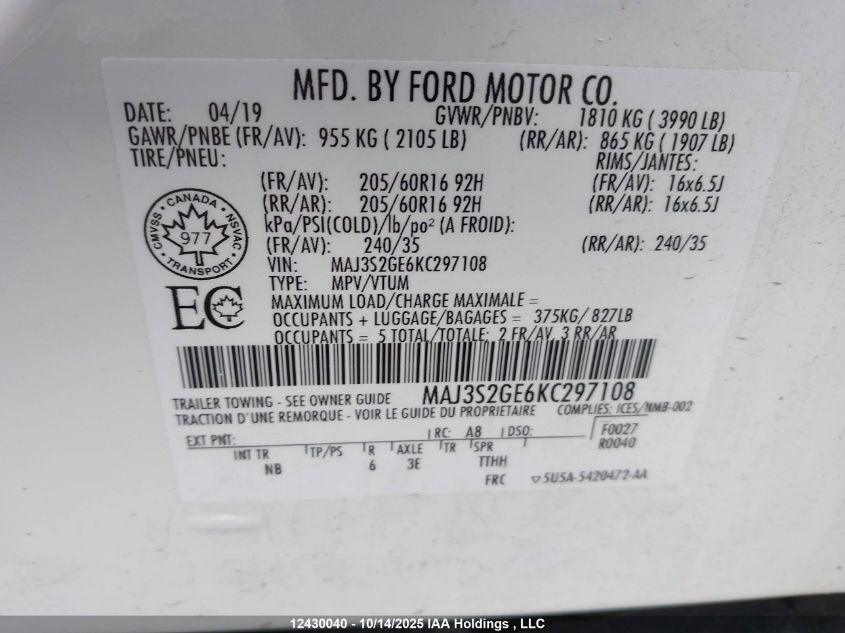 2019 Ford Ecosport Se VIN: MAJ3S2GE6KC297108 Lot: 12430040