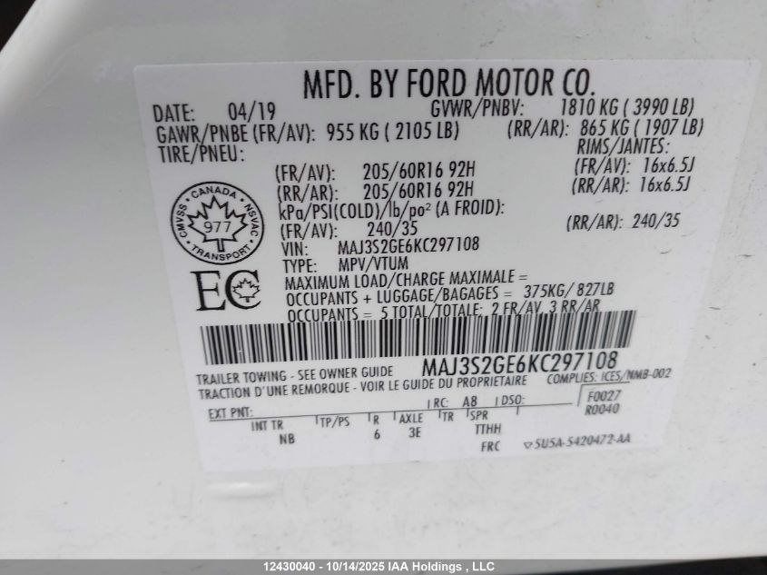 2019 Ford Ecosport Se VIN: MAJ3S2GE6KC297108 Lot: 12430040