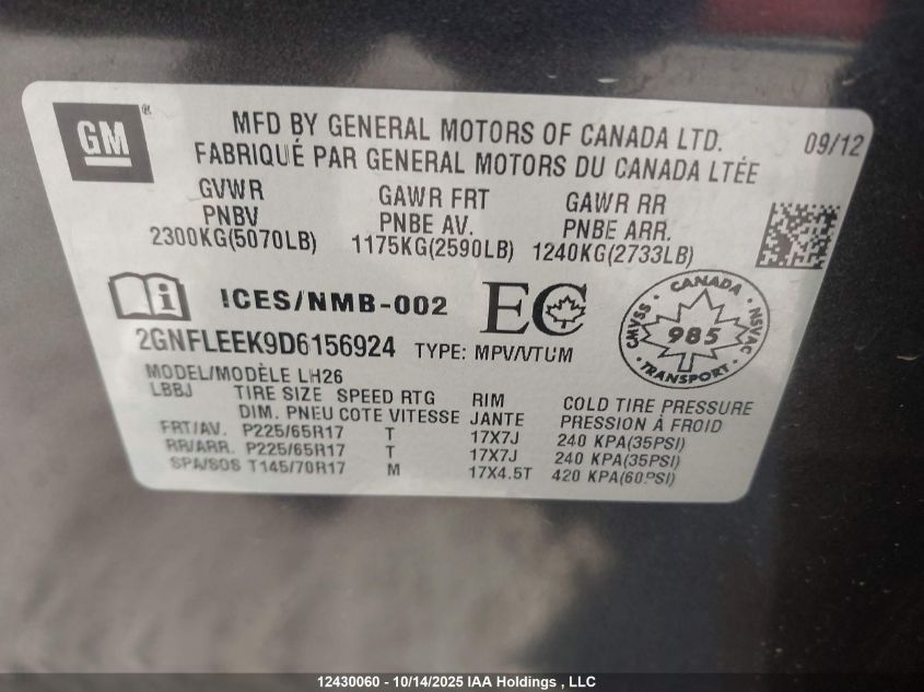 2013 Chevrolet Equinox Lt VIN: 2GNFLEEK9D6156924 Lot: 12430060