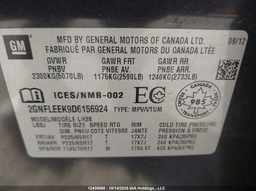 2013 Chevrolet Equinox Lt VIN: 2GNFLEEK9D6156924 Lot: 12430060