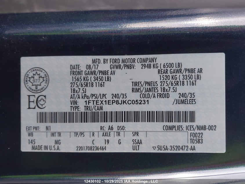 1FTEX1EP8JKC05231 2018 FORD F-150 photo no. 9