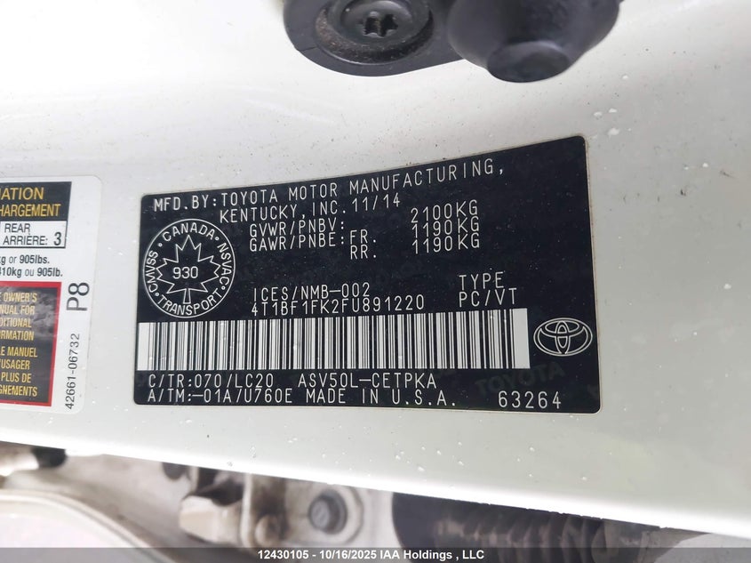 2015 Toyota Camry Le/Xle/Se/Xse VIN: 4T1BF1FK2FU891220 Lot: 12430105