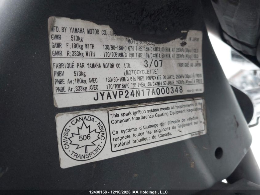 2007 Yamaha Xvs1300 A VIN: JYAVP24N17A000348 Lot: 12430158