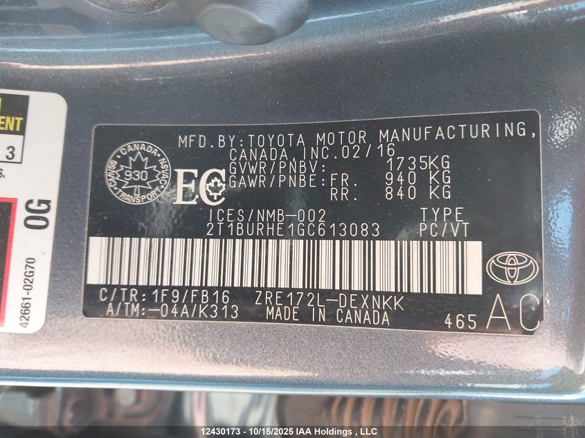 2T1BURHE1GC613083 2016 TOYOTA COROLLA photo no. 9