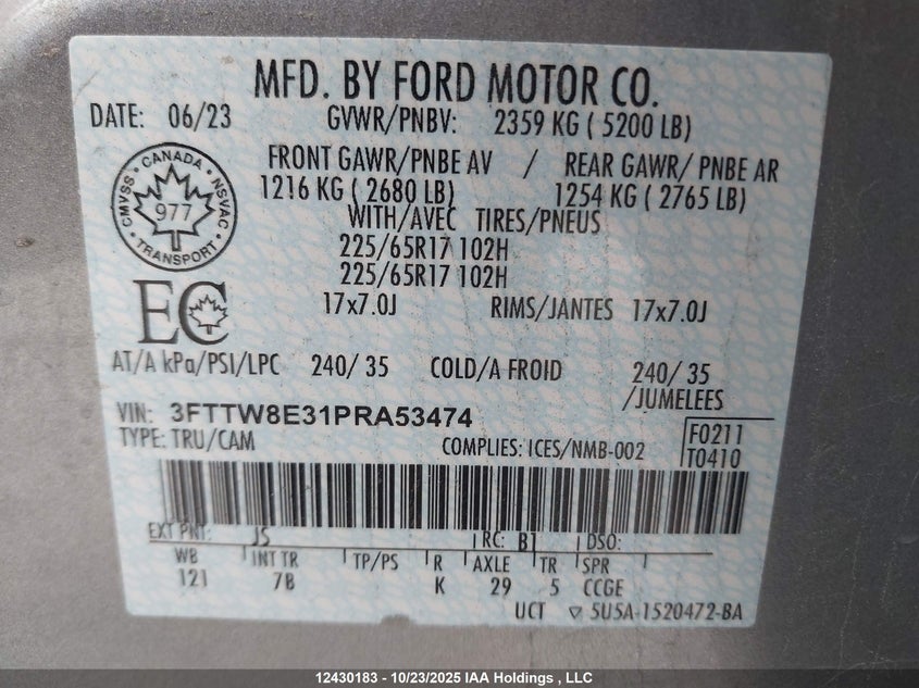 2023 Ford Maverick Xl/Xlt/Lariat VIN: 3FTTW8E31PRA53474 Lot: 12430183