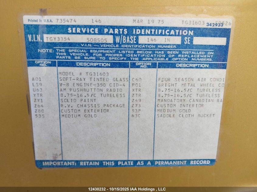 1975 GMC Vandura VIN: TGY3354508505 Lot: 12430232