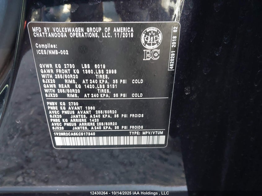 2019 Volkswagen Atlas Sel Premium VIN: 1V2NR2CA5KC517340 Lot: 12430264