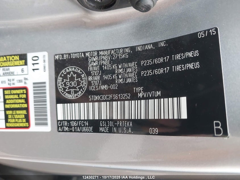 5TDKK3DC2FS613252 2015 TOYOTA SIENNA photo no. 9