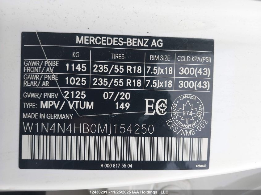 2021 Mercedes-Benz Gla 250 4Matic VIN: W1N4N4HB0MJ154250 Lot: 12430291