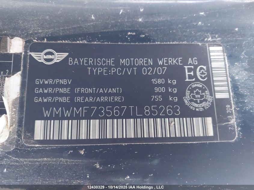 2007 Mini Cooper S VIN: WMWMF73567TL85263 Lot: 12430329