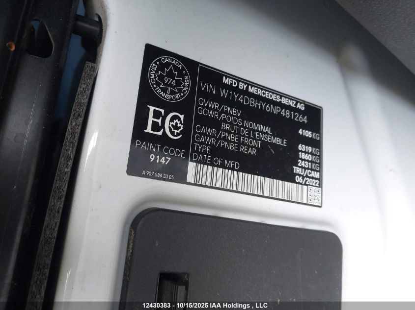 2022 Mercedes-Benz Sprinter 2500 Standard Roof I4 Diesel VIN: W1Y4DBHY6NP481264 Lot: 12430383