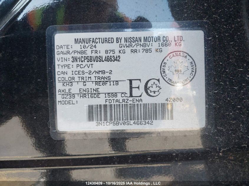 2025 Nissan Kicks Play VIN: 3N1CP5BV0SL466342 Lot: 12430409