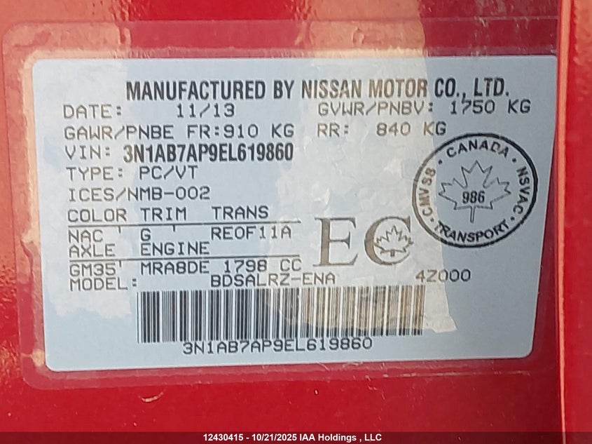 2014 Nissan Sentra 1.8 S/1.8 Sl/1.8 Sr/1.8 Sv/Sv VIN: 3N1AB7AP9EL619860 Lot: 12430415