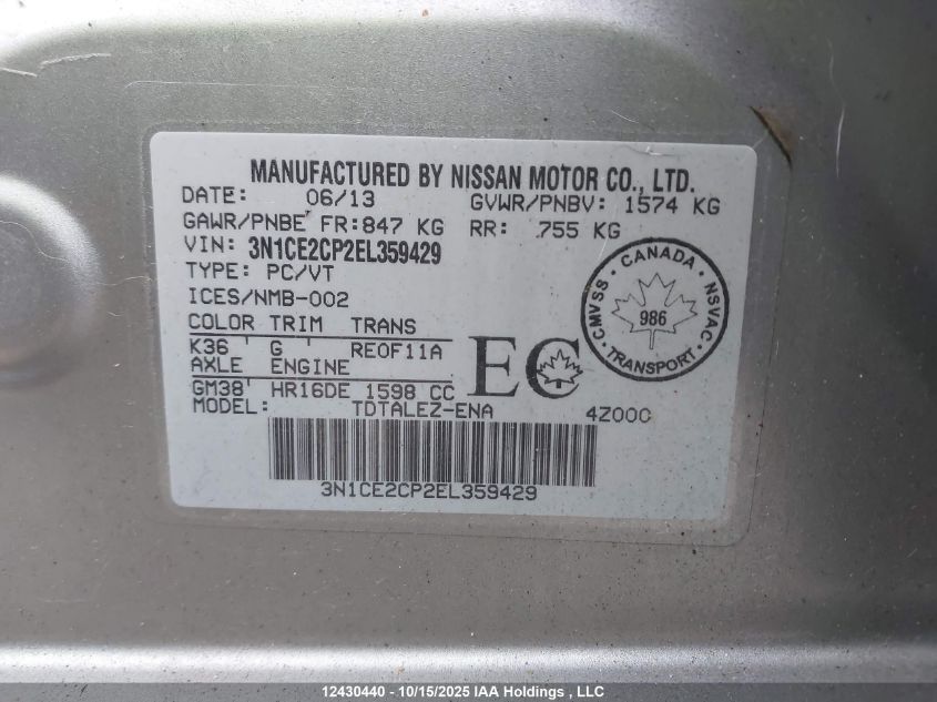 2014 Nissan Versa Note S/S Plus/Sv/Sl VIN: 3N1CE2CP2EL359429 Lot: 12430440