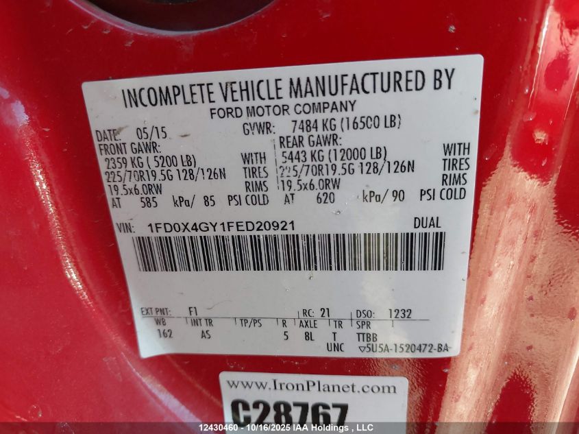 2015 Ford F450 Super Duty VIN: 1FD0X4GY1FED20921 Lot: 12430460