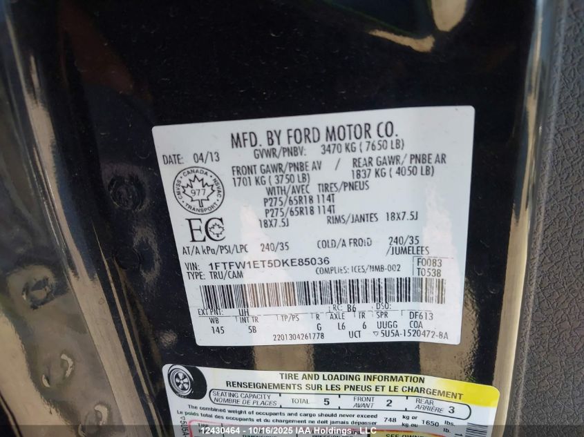 2013 Ford F-150 Fx4 VIN: 1FTFW1ET5DKE85036 Lot: 12430464