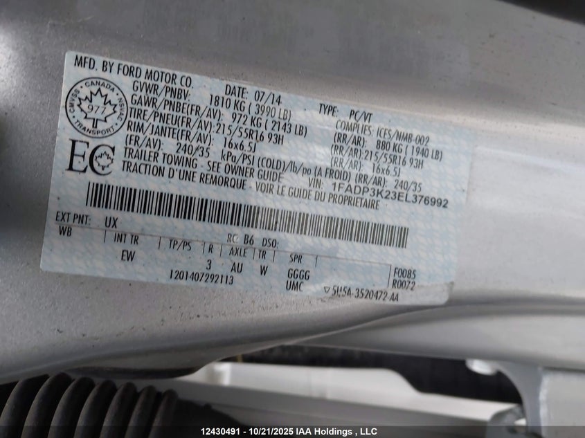 2014 Ford Focus Se VIN: 1FADP3K23EL376992 Lot: 12430491