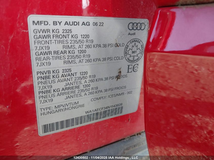 2022 Audi Q3 45 Komfort/45 Progressiv VIN: WA1AECF34N1143828 Lot: 12430502