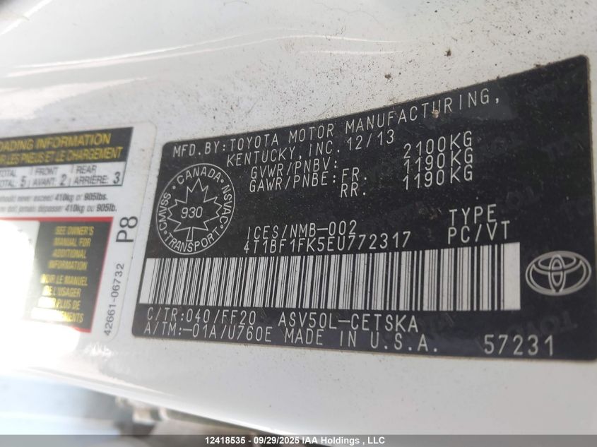 2014 Toyota Camry Se VIN: 4T1BF1FK5EU772317 Lot: 12418535X