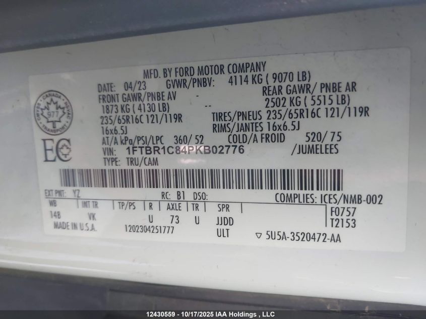 2023 Ford Transit T-250 VIN: 1FTBR1C84PKB02776 Lot: 12430559