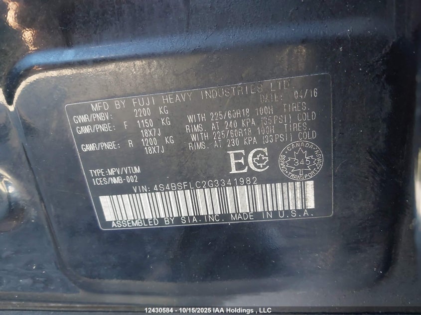 4S4BSFLC2G3341982 2016 SUBARU OUTBACK photo no. 9