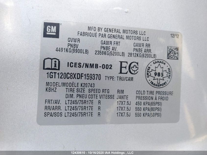 2013 GMC Sierra 2500Hd Sle VIN: 1GT120C8XDF159370 Lot: 12430610